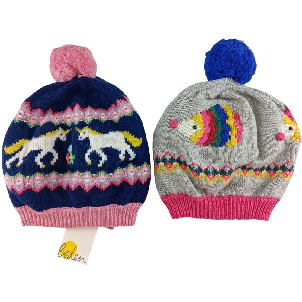 Mini Boden Unicorn Hedgehog Knit Beret Hat Lot Sz Medium Pom Girls Cap Navy Pink
